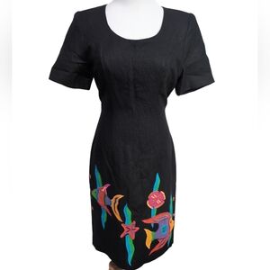 Deborah Laws Black dress with vibrant fish, nwt, linen blend, size 8